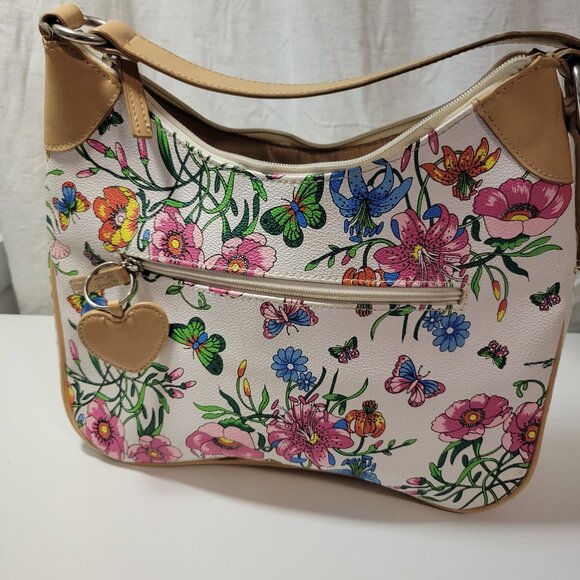 Vintage Shoulder Purse with Floral and Butterfly Pattern and Heart Tag - Picture 3 of 12
